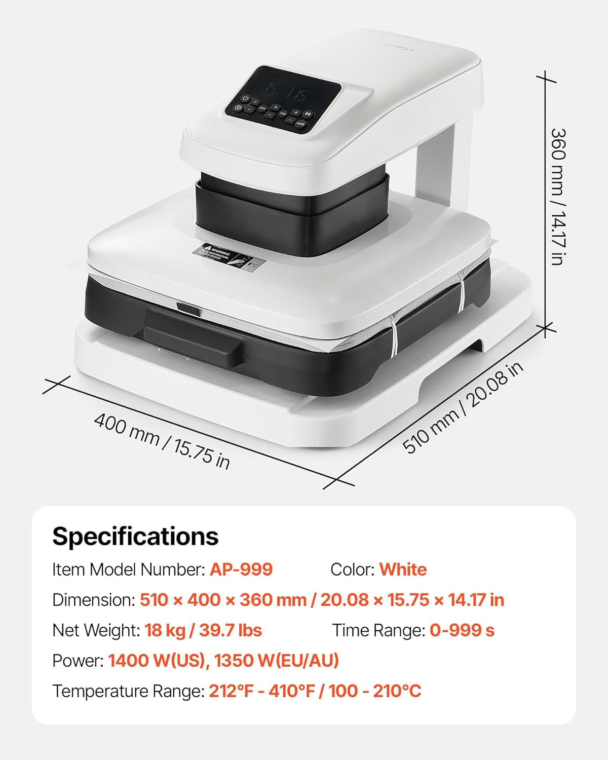 VEVOR Auto Heat Press Machine, 15 X 15 Inch, T-Shirt Press Machine with Auto Release and Adjustable Pressure, Digital Display, Rapid Heating, for Sublimation, Vinyl, Heat Transfer Projects, White