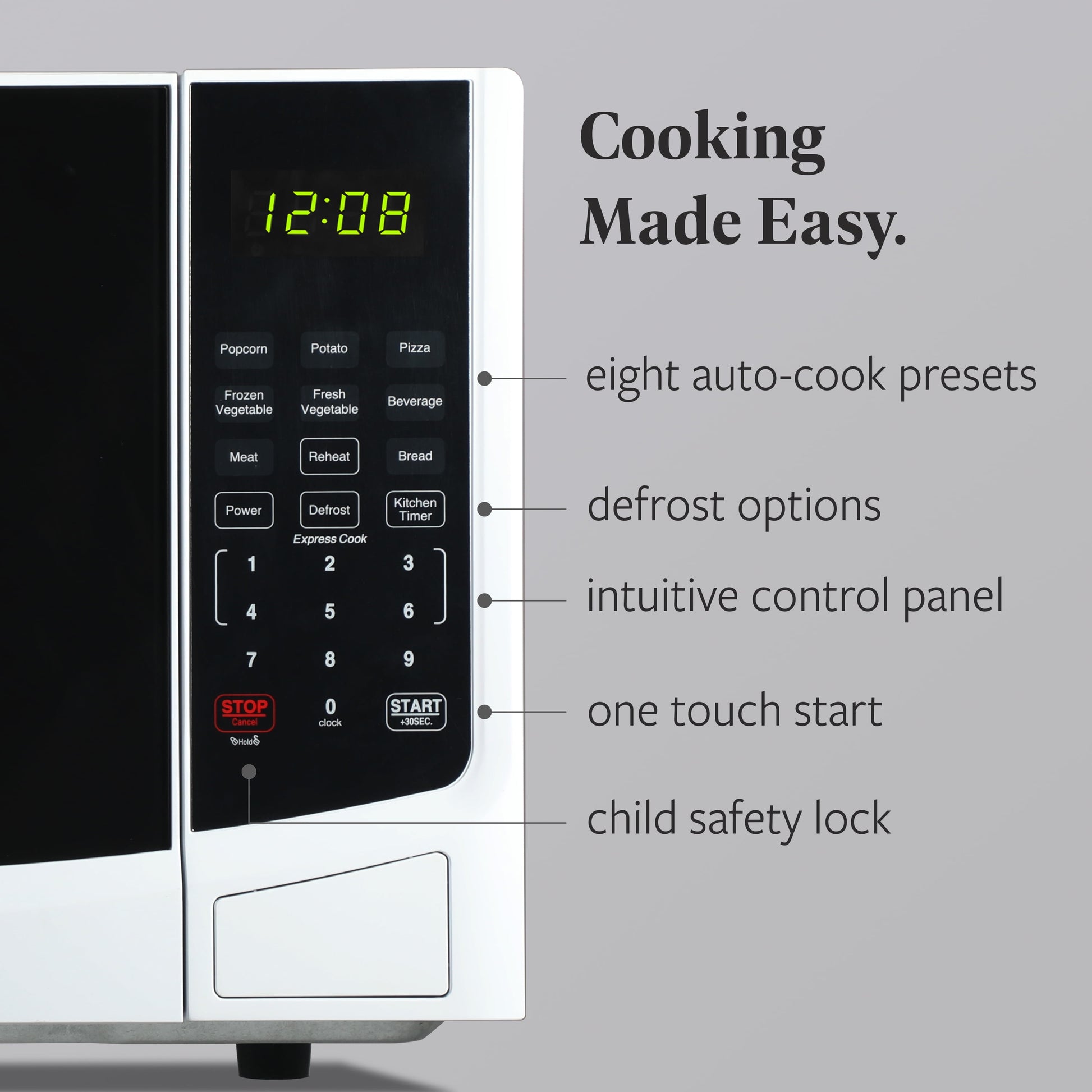 0.9 Cu. Ft. Countertop Microwave Oven – 900W Power, Auto Cook Settings, Defrost, and Safety Lock – White