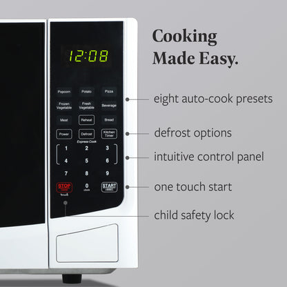 0.9 Cu. Ft. Countertop Microwave Oven – 900W Power, Auto Cook Settings, Defrost, and Safety Lock – White