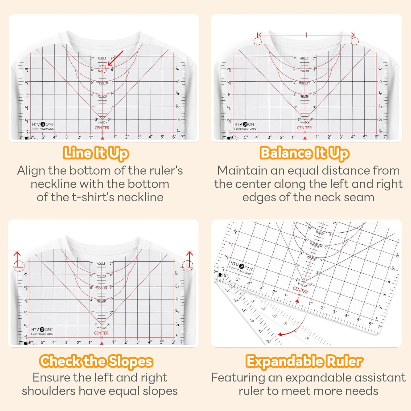 Tshirt Ruler Guide for Vinyl Alignment - Transparent PVC Tshirt Measurement Tool for Heat Press in HTV Vinyl, All-In-One T Shirt Ruler to Center Design and Craft Sewing