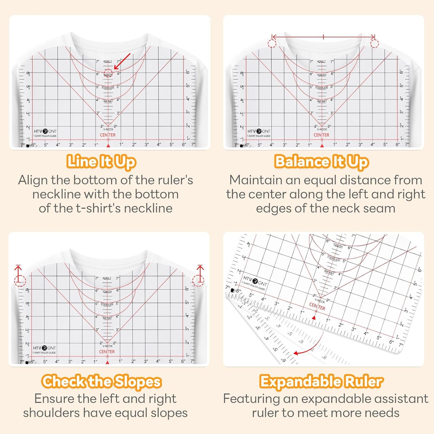 Tshirt Ruler Guide for Vinyl Alignment - Transparent PVC Tshirt Measurement Tool for Heat Press in HTV Vinyl, All-In-One T Shirt Ruler to Center Design and Craft Sewing