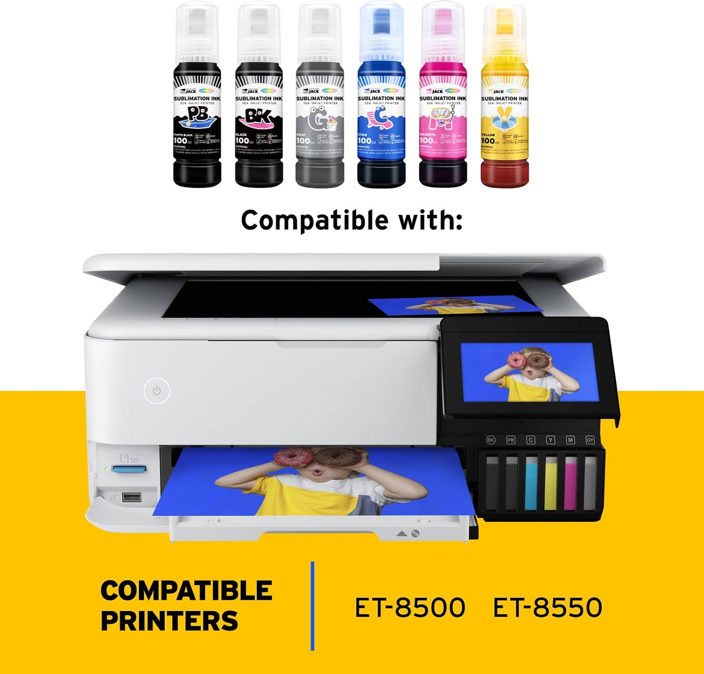 Printers Jack 600ML Sublimation Ink for ET-8550 ET-8500 Wide-Format Supertank Printers Heat Press Transfer on T-Shirt (6X100Ml, 6 Colors-Bk PB CM Y GY) Bigger Bottles with More Ink Auto Fill the Tanks
