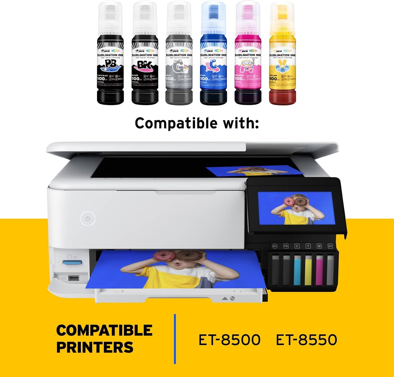 Printers Jack 600ML Sublimation Ink for ET-8550 ET-8500 Wide-Format Supertank Printers Heat Press Transfer on T-Shirt (6X100Ml, 6 Colors-Bk PB CM Y GY) Bigger Bottles with More Ink Auto Fill the Tanks