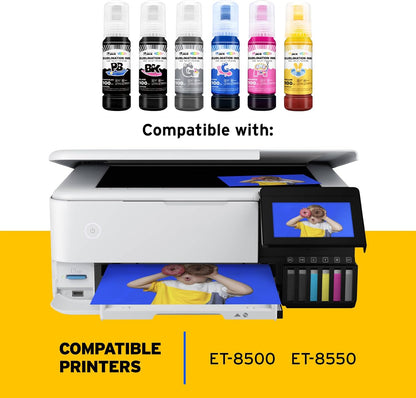 Printers Jack 600ML Sublimation Ink for ET-8550 ET-8500 Wide-Format Supertank Printers Heat Press Transfer on T-Shirt (6X100Ml, 6 Colors-Bk PB CM Y GY) Bigger Bottles with More Ink Auto Fill the Tanks