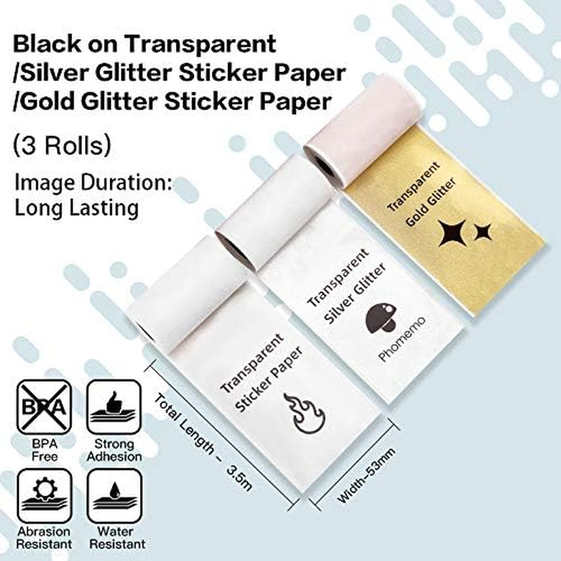 Phomemo M02/M02 Pro/M02S/M03/M03As/M04S Pocket Printer Paper- Transparent/Silver/Gold Glitter Sticker Paper