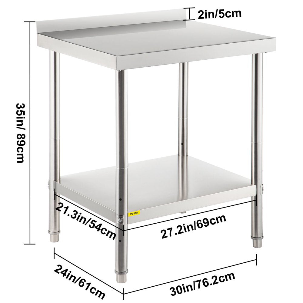 Stainless Steel Prep Table, 30 X 24 X 35 Inch, 440Lbs Load Capacity Heavy Duty Metal Worktable with Backsplash and Adjustable Undershelf, Commercial Workstation for Kitchen Restaurant