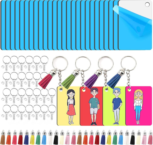 Sublimation Keychain Blanks - 120Pcs with Blue Protective Film - MDF Rectangle Keychain with Tassels - Heat Transfer Double Sided