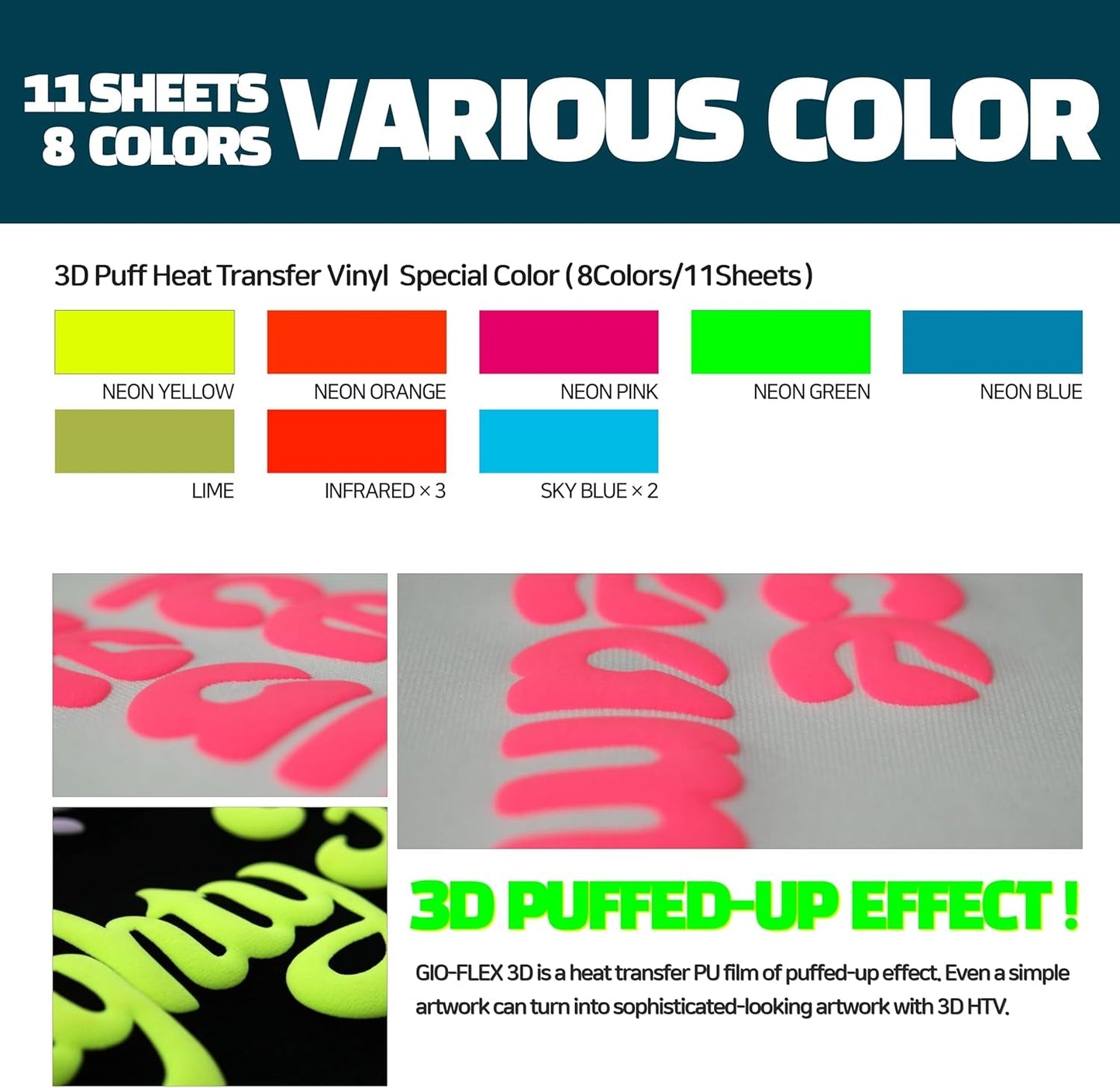 3D Puff Vinyl Heat Transfer 10" X 12" - 11 Sheets Foaming HTV Assorted Colors Bundle/Variety Pack, Adhesive Vinyl, Iron-On Transfer, Heat Press with Cricut Silhouette Cameo