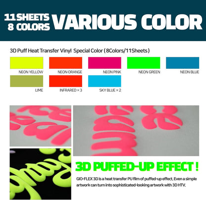 3D Puff Vinyl Heat Transfer 10" X 12" - 11 Sheets Foaming HTV Assorted Colors Bundle/Variety Pack, Adhesive Vinyl, Iron-On Transfer, Heat Press with Cricut Silhouette Cameo