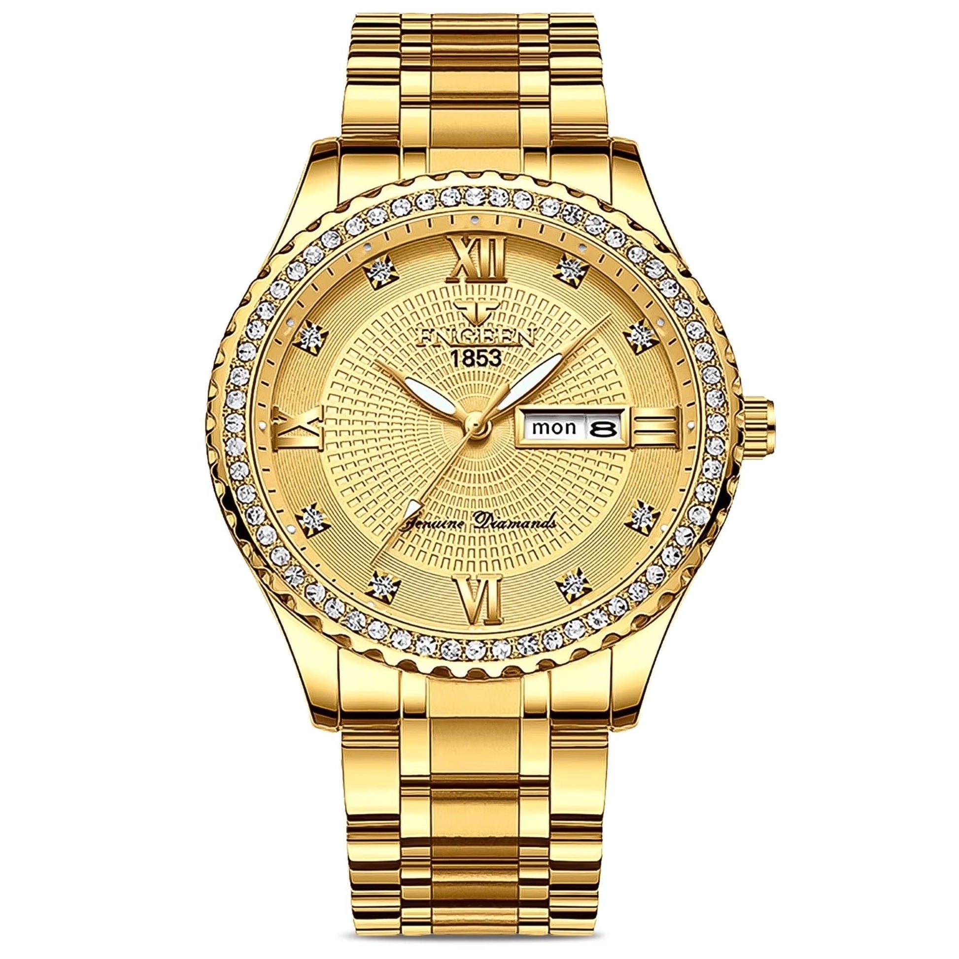 Classic Diamond Gold Watches for Men, Stainless Steel Waterproof Dress Watch, Men'S Quartz Analog Wristwatch