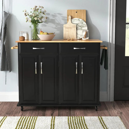 Kitchen Island on Wheels, Rolling Island Cart with Lockable Casters, Handle Towel Rack and 2 Drawers, Black