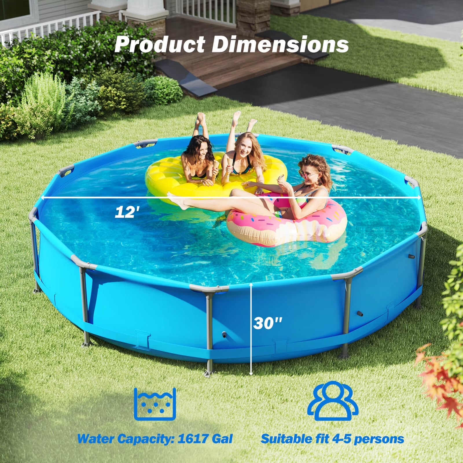 1617 Gal Outdoor Family Swimming Pool with Metal Frame Multi-Layer PVC Fabric