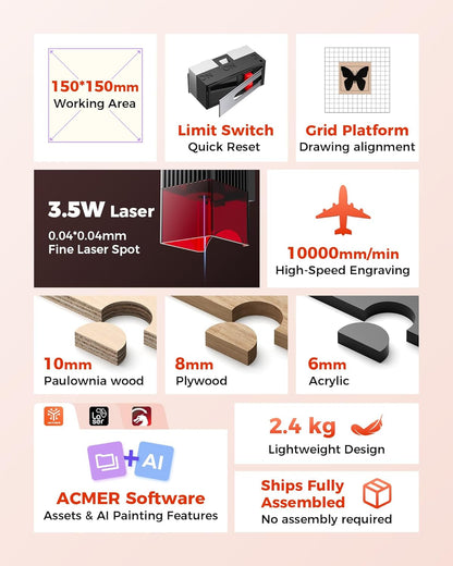 ACMER Laser Engraver Machine, K1 3500Mw Desktop Engraving Machine, 0.01Mm Ultra-Precision, Laser Cutter for Wood Acrylic Glass Leather, DIY Crafts & Small Business with Engraving Enclosure Honeycomb
