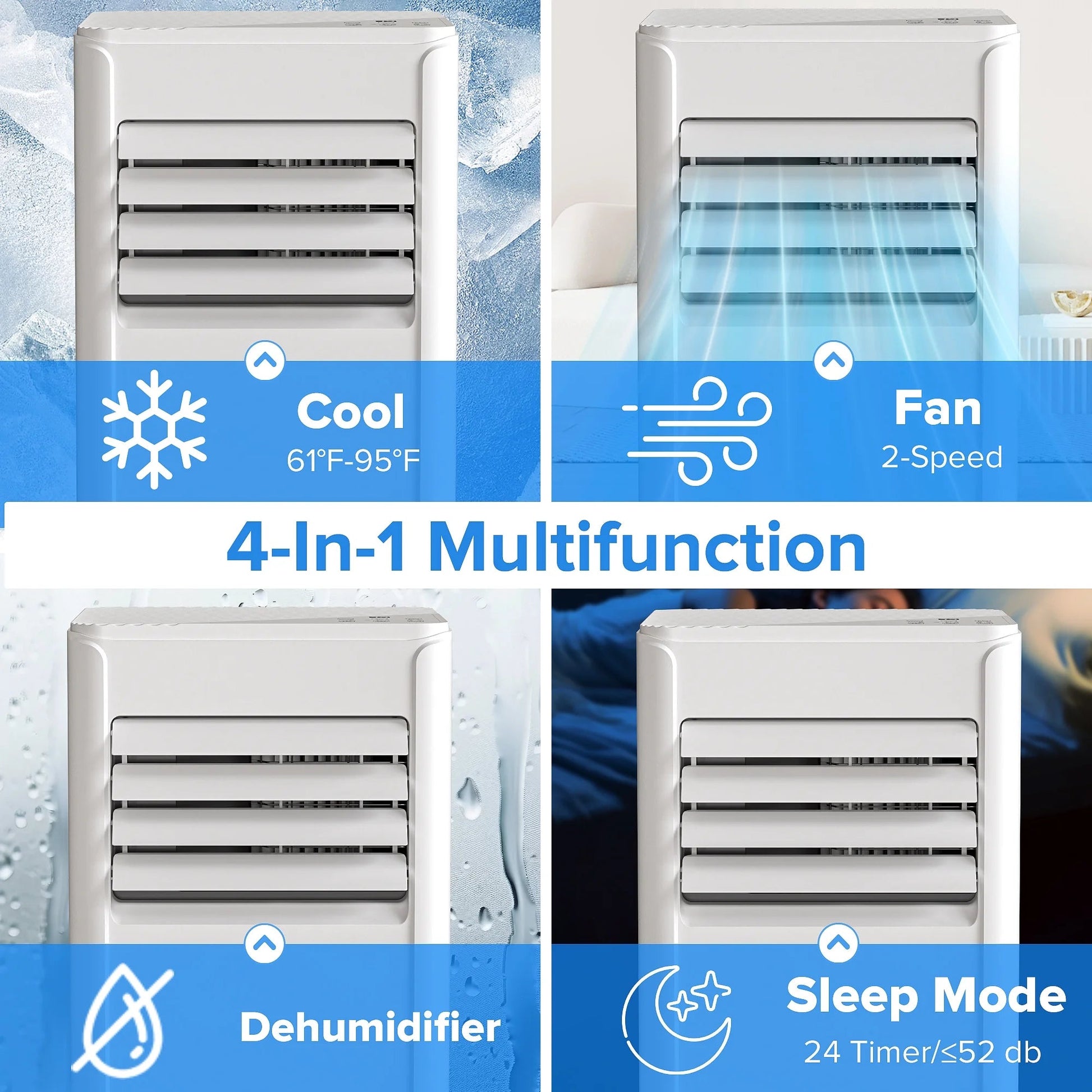 8000 BTU Portable Air Conditioner, Dehumidifier, Fan, Sleep Mode, 4 in 1 AC with 24-Hour Timer
