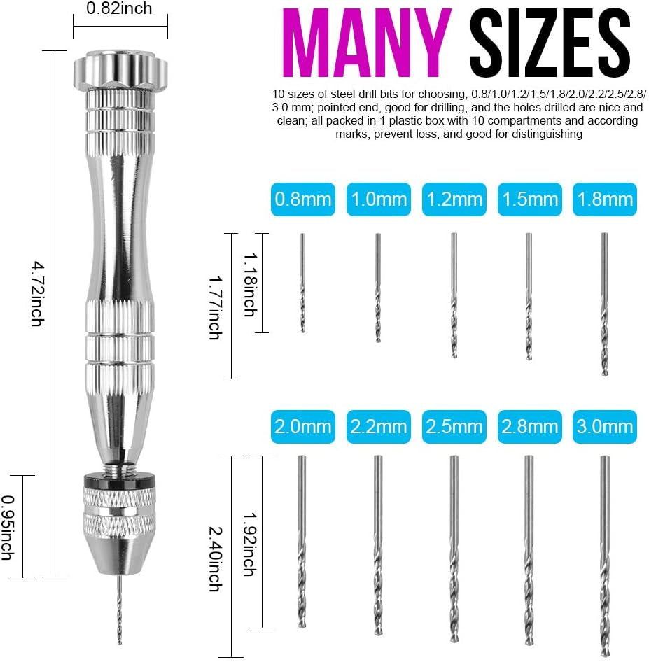 LEOBRO Hand Drill, Steel Pin Vise with 10 PCS Small Drill Bits (0.8 Mm-3 Mm), for Resin, Wood, Clay, DIY Crafts Keychains Jewelry Making