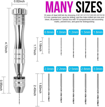 LEOBRO Hand Drill, Steel Pin Vise with 10 PCS Small Drill Bits (0.8 Mm-3 Mm), for Resin, Wood, Clay, DIY Crafts Keychains Jewelry Making