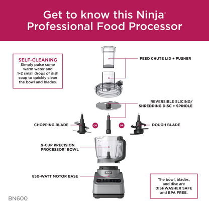 ® Professional Food Processor, 850 Watts, 9-Cup Capacity, Auto-Iq Preset Programs, BN600