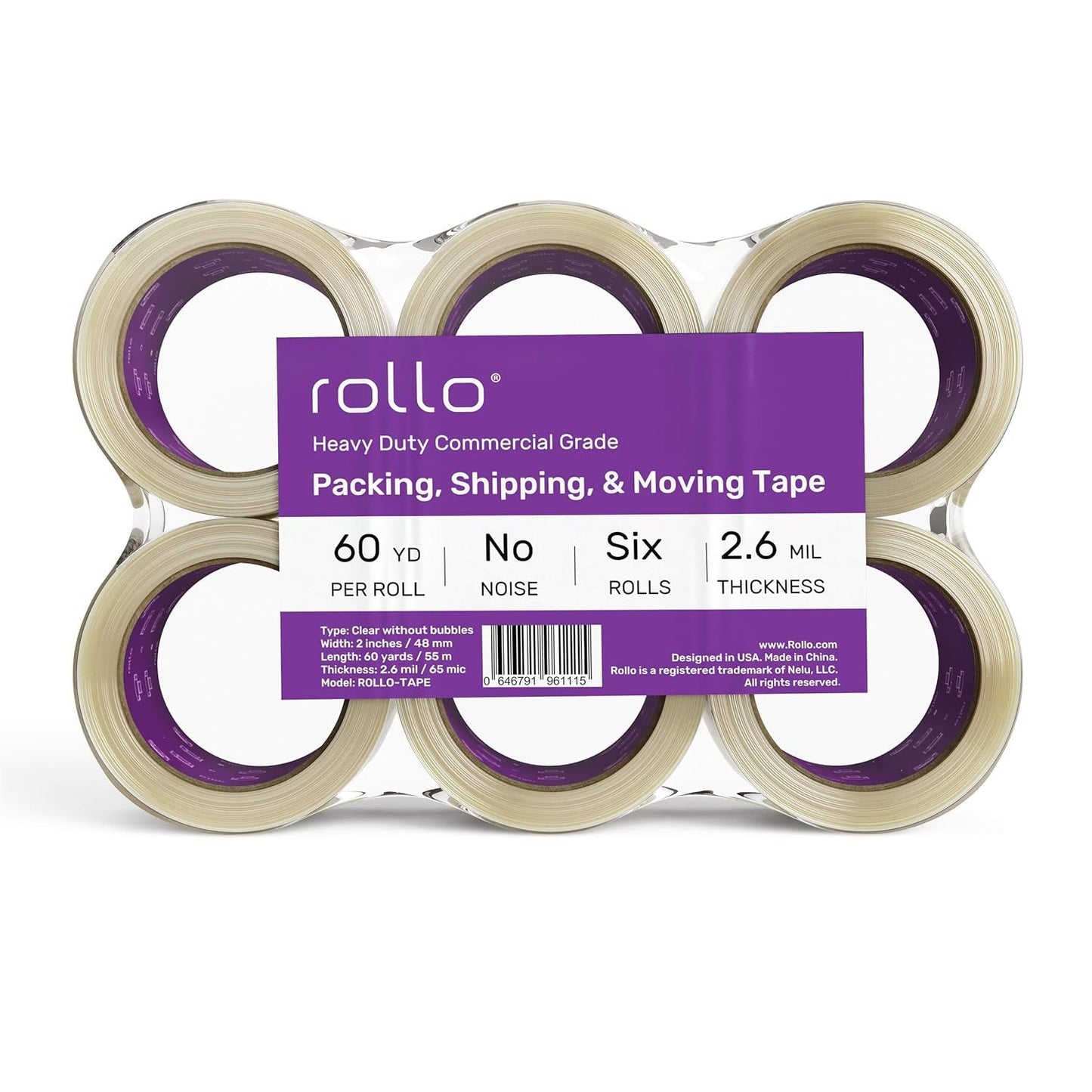 Rollo No Noise Packing Tape - Silent Shipping Tape 60 Yards X 2" Wide X 2.6 Mil Thick (6 Refill Rolls) - Clear Heavy Duty Industrial Quiet Tape for Packaging, Shipping, Moving, Storage with No Bubbles