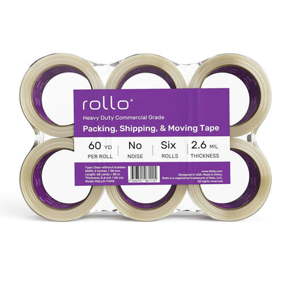 Rollo No Noise Packing Tape - Silent Shipping Tape 60 Yards X 2" Wide X 2.6 Mil Thick (6 Refill Rolls) - Clear Heavy Duty Industrial Quiet Tape for Packaging, Shipping, Moving, Storage with No Bubbles