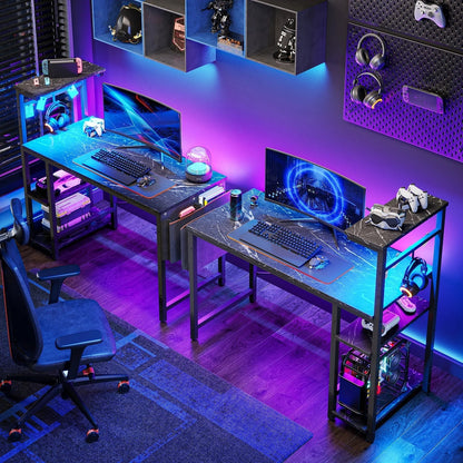 Reversible 44 Inch Computer Desk with LED Lights Gaming Desk with 4 Tier Shelves Black Marble