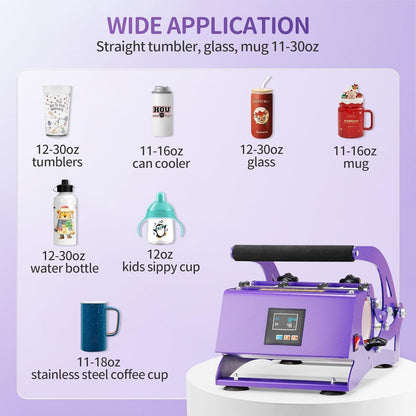 Tumbler Heat Press Machine, Mug Press for 30Oz 20Oz 16Oz Straight Skinny Sublimation Tumblers, Cup Heat Press DIY 11-16Oz Tumbler Press with Digital Temp and Time Setting, Dark Purple