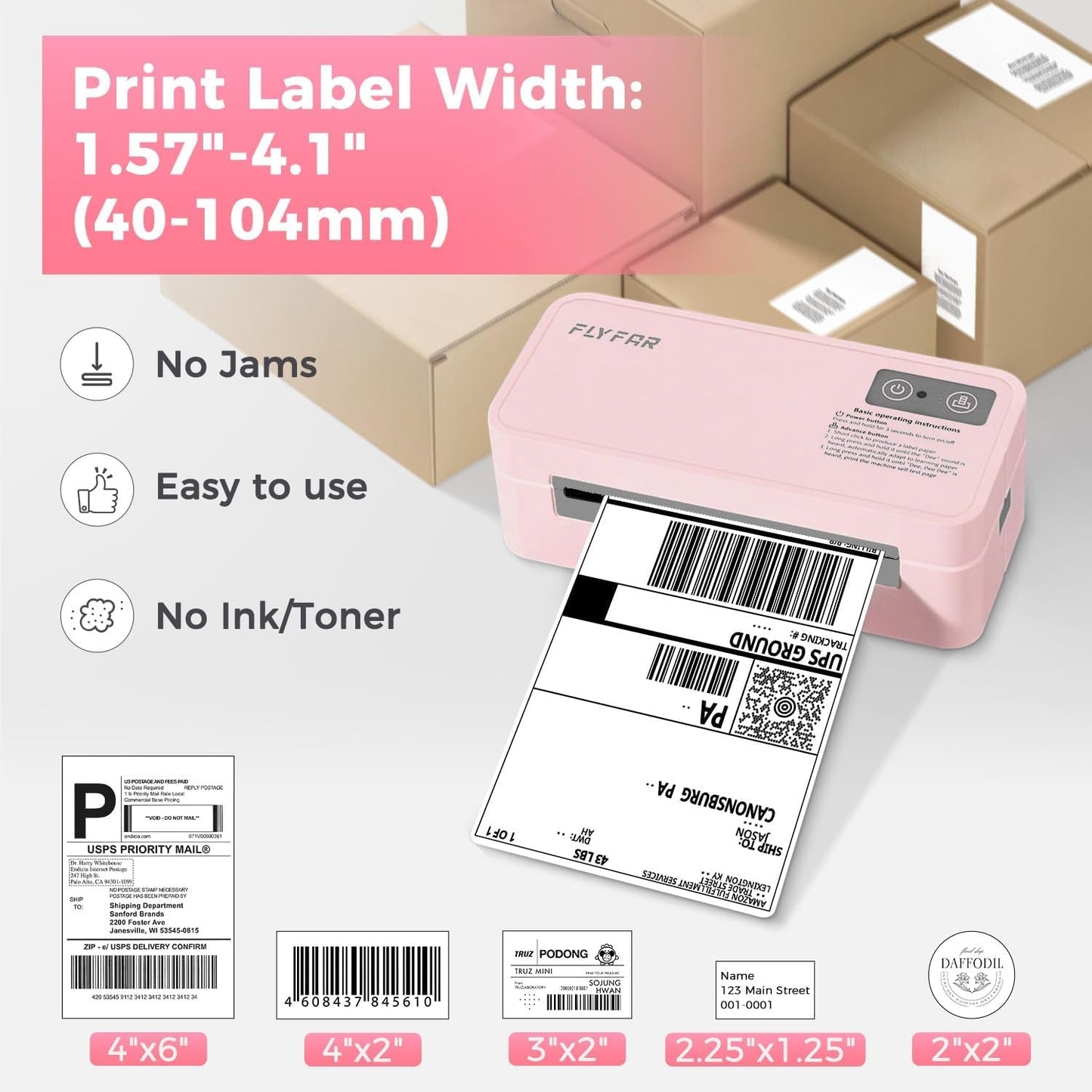 Bluetooth Thermal Label Printer, 4X6 Shipping Label Printer for Small Business, Compatible with Android, Windows, Iphone, Mac, Widely Used for Amazon, Shopify, Ebay, USPS, Etsy,Fedex (Pink)