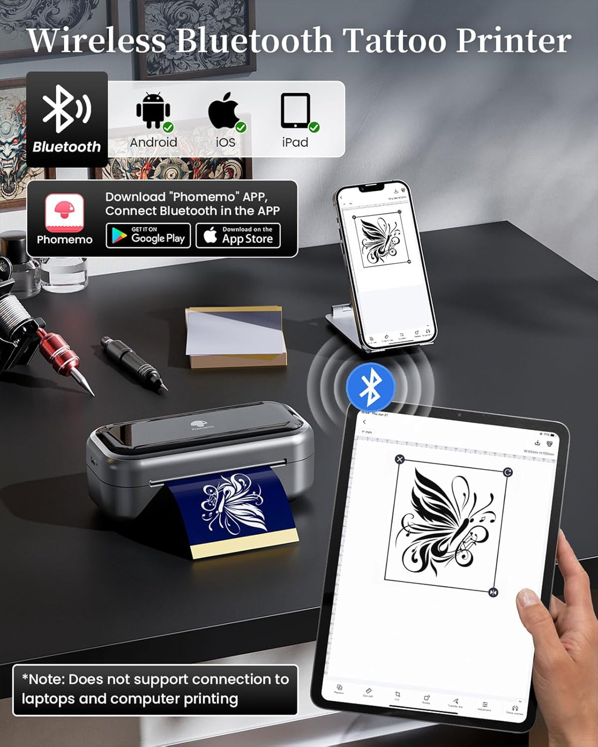 Phomemo TP31 Wireless Tattoo Stencil Printer with 30Pcs Transfer Paper, Compatible with Phone & Tablet, Bluetooth Mini Thermal Tattoo Printer Machine for Tattoo Artists & Beginners, 3 Inch, Black