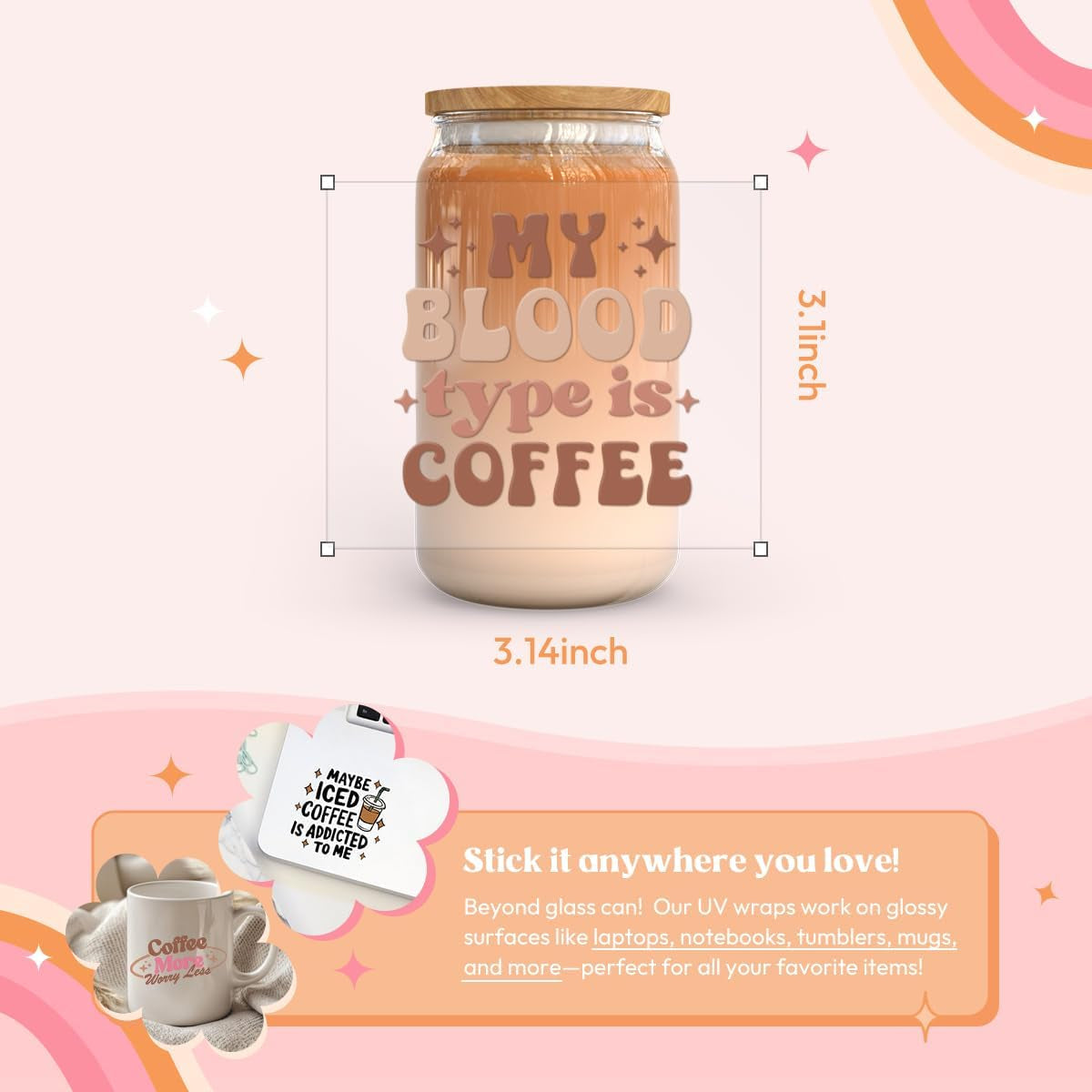 26 Sheets Coffee UV DTF Cup Wrap -Ice Coffee Theme DTF Cup Wraps for 16 Oz Glass Mugs, UV DTF Decals Waterproof Rub on Transfer Stickers DIY Mug Glasses Crafting