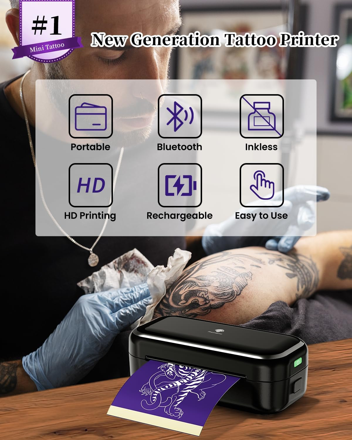 Phomemo Tattoo Stencil Printer -TP31 Mini Tattoo Maker with 30Pcs Transfer Paper,Small Portable Tattoo Machine for Beginners/Enthusiast/Artists,Easy to Use with Smartphone,Pad- Black