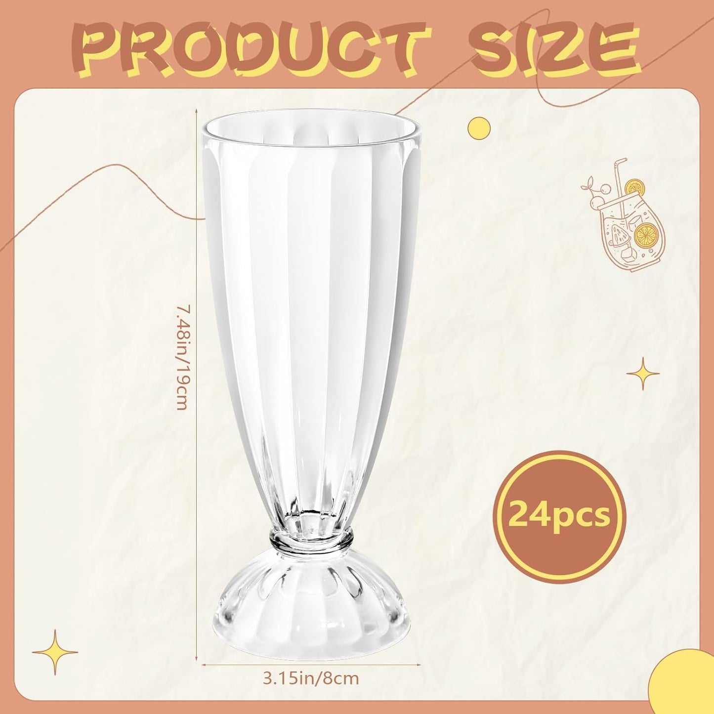 Tioncy 24 Pcs 12 Oz Milkshake Glass Acrylic Clear Footed Ice Cream Soda Glass Old Fashioned Fountain Soda Cups for Drinking Sunda Milk Ice Cream