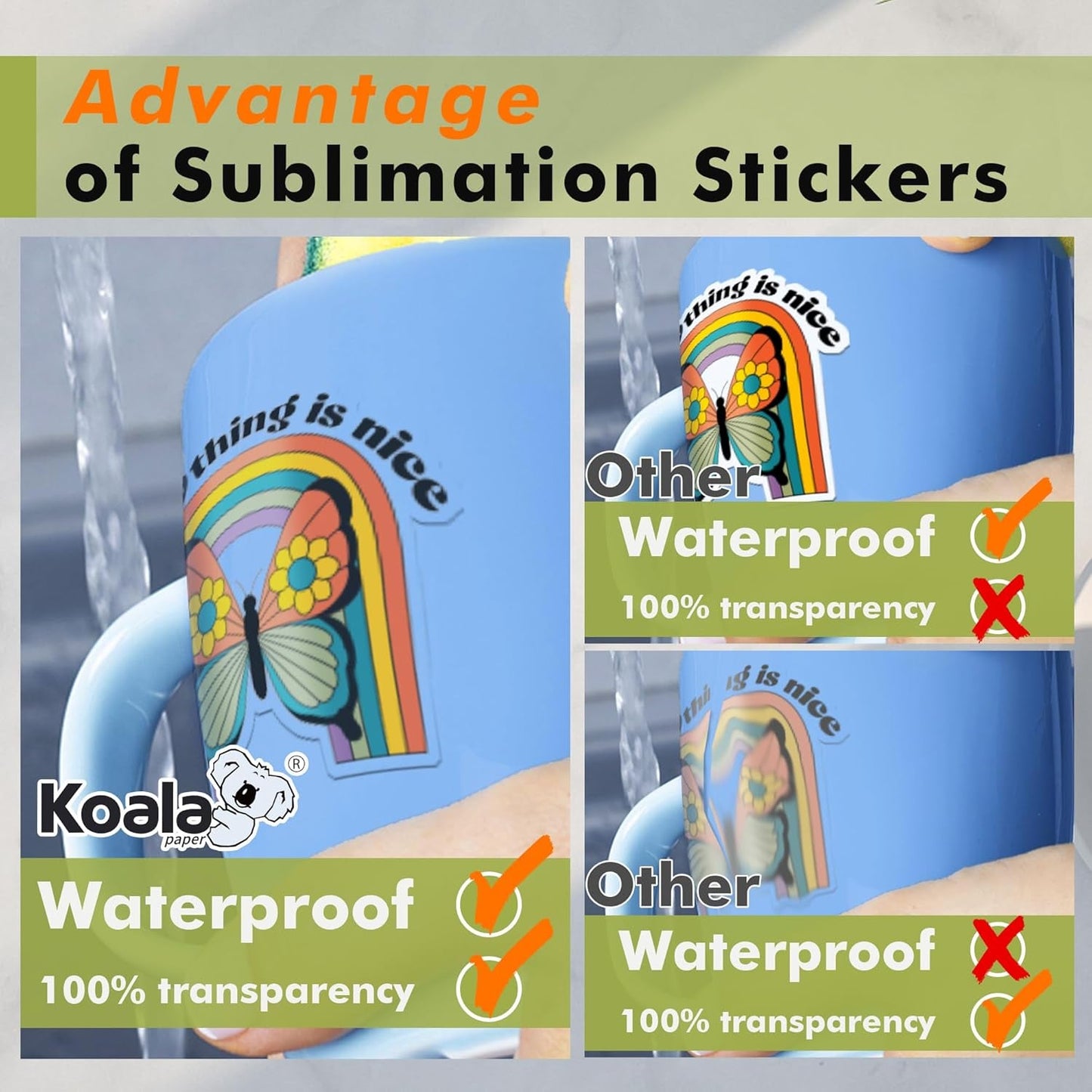 Koala Sublimation Sticker Paper 100% Transparent Waterproof Vinyl 8.5X11 Inch 25 Sheets, Quick Dry Vivid Colors Holds Ink Well