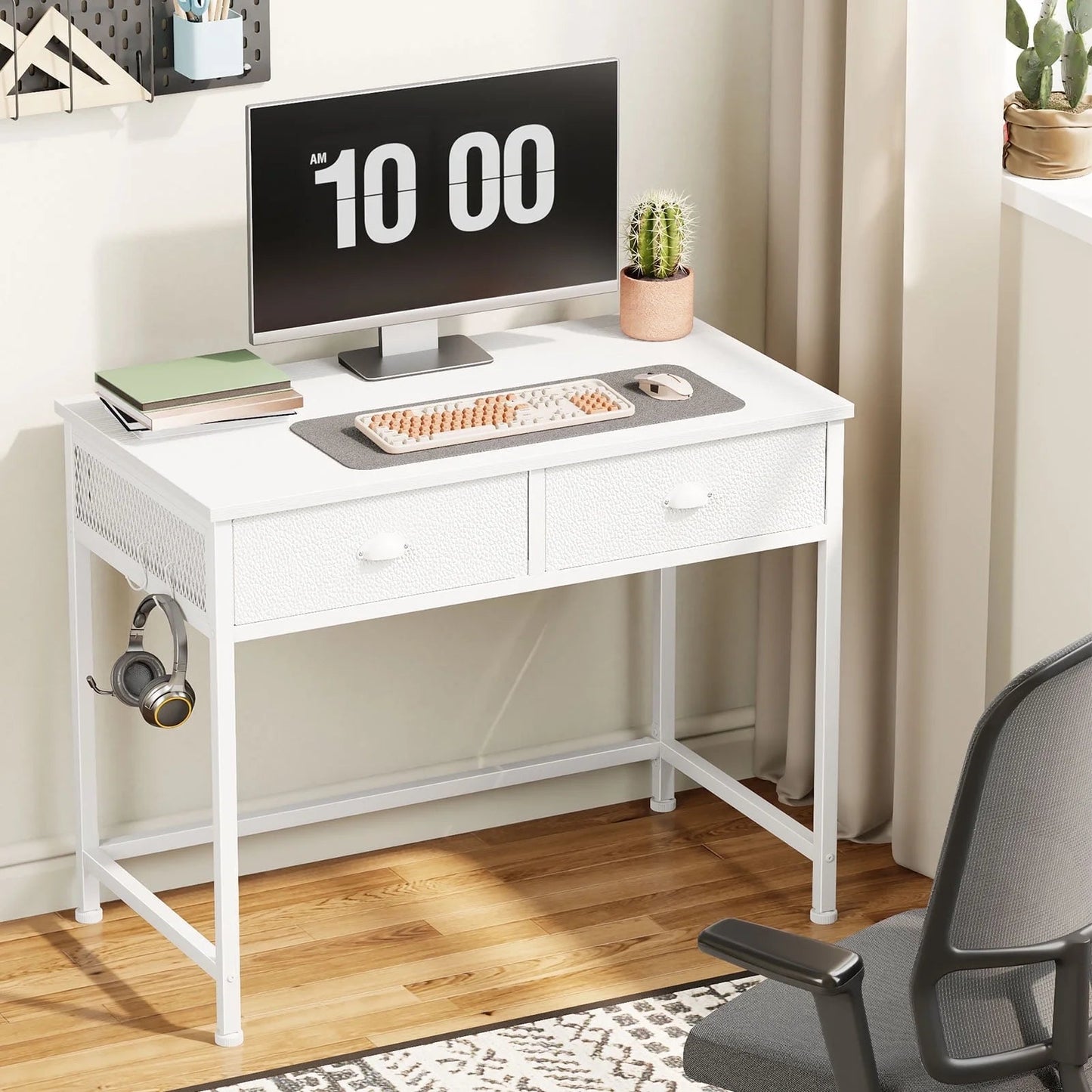 White Writing Desk with Drawers & Hooks, 34" Computer Desk with 2 Fabric Drawers