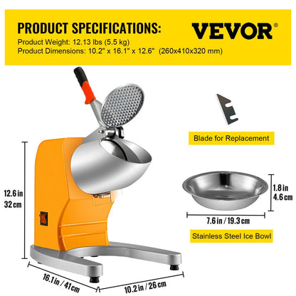 brand Electric Ice Shaver Crusher Snow Cone Maker Machine with Dual Stainless Steel Blades 210Lbs/H Shaved Ice Machine 300W 1450 RPM with Ice Plate & Additional Blade for Home and Commercial Use