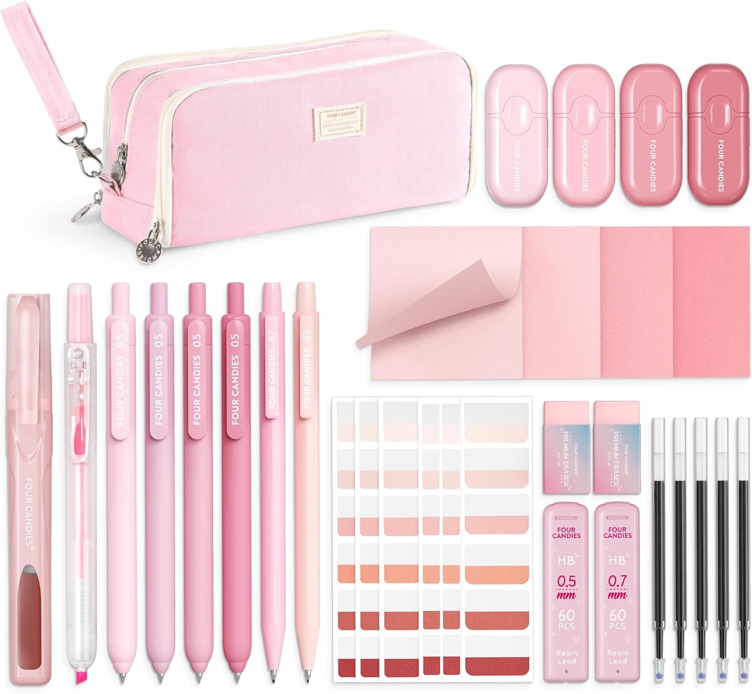 Four Candies Pink School Supplies with Case, Gel Pens with Black Ink, Correction Tapes, Pastel Highlighters, Mechanical Pencils, Sticky Notes, Index Post for Bible Study Stationary College Essentials