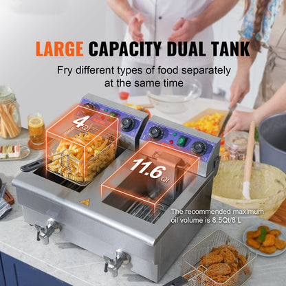 Commercial Electric Deep Fryer Countertop Deep Fryer with Dual Tanks 3000W