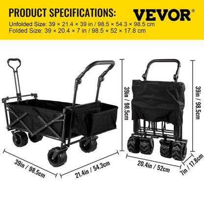 brand Collapsible Wagon Cart Black, Foldable Wagon Cart Removable Canopy 602D Oxford Cloth, Collapsible Wagon Oversized Wheels, Portable Folding Wagon Adjustable Handles, Beach, Garden, Sports