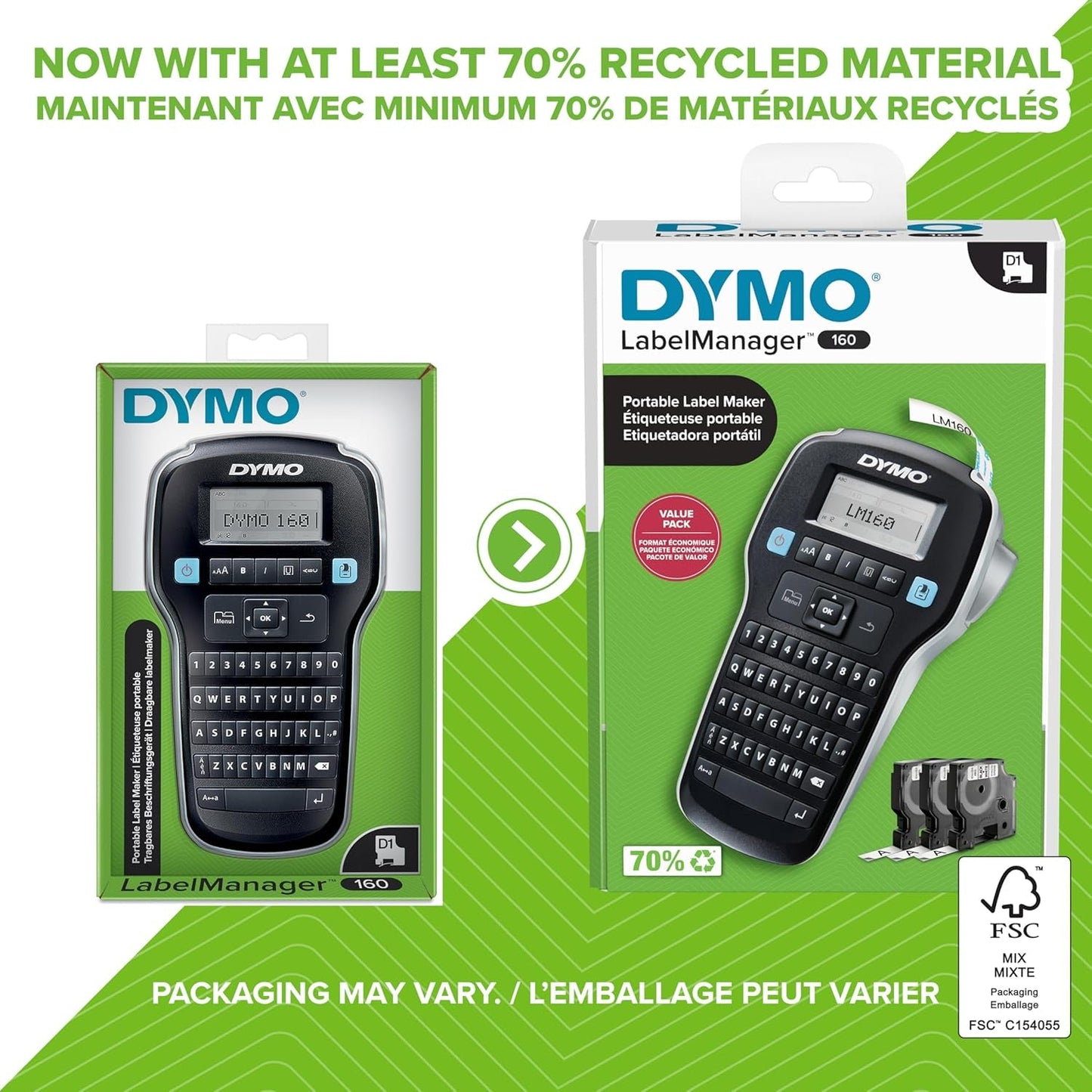 DYMO Labelmanager 160 Portable Label Maker Bundle, Easy-To-Use, One-Touch Smart Keys, QWERTY Keyboard, Large Display, for Home & Office Organization, Includes 3 D1 Label Cassettes