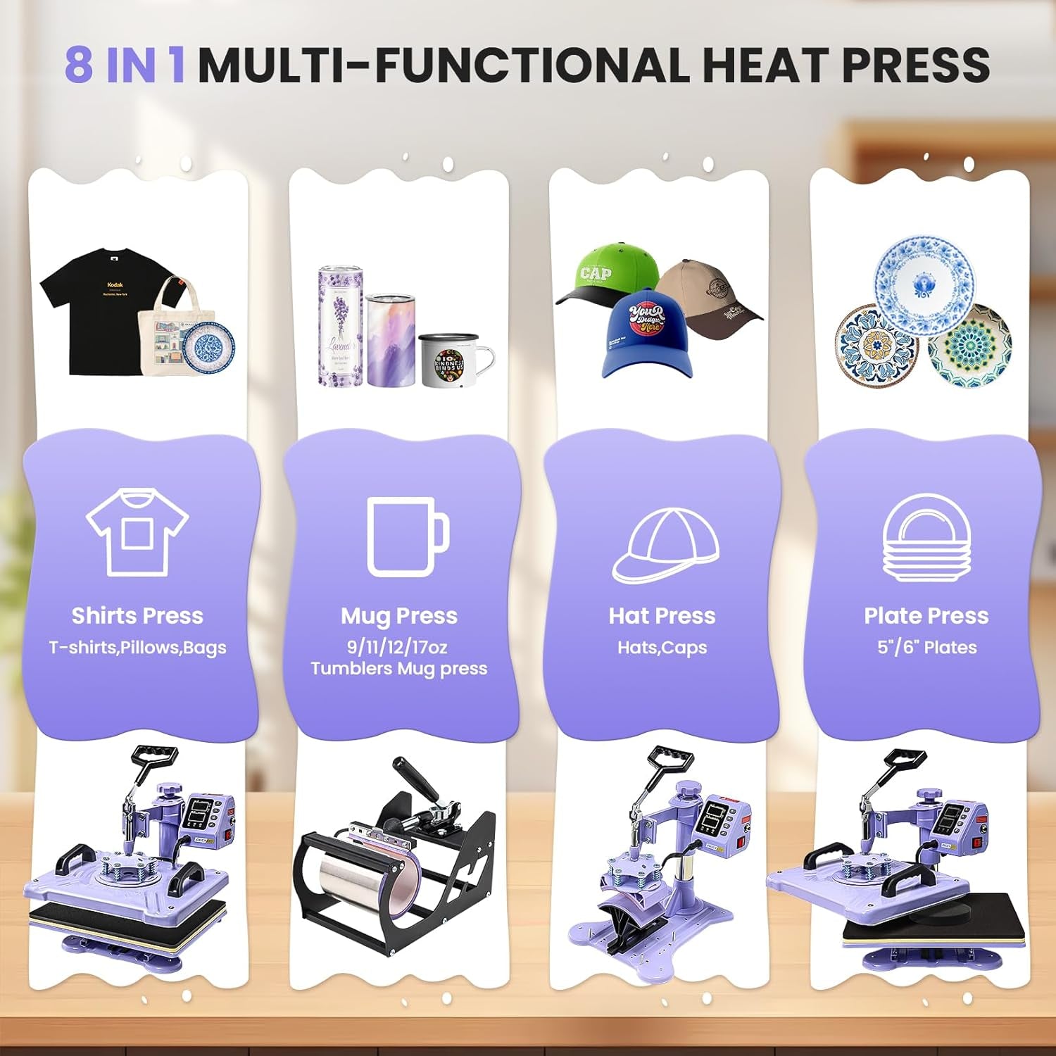 AKEYDIY Heat Press 15X12 Inch, 8 in 1 Heat Press Machine for T-Shirts Hat Cap Mug Plate, 360° Swing Away Shirt Pressing Machine, Sublimation Heat Transfer Machine with Tumbler Press Hat Press, Purple