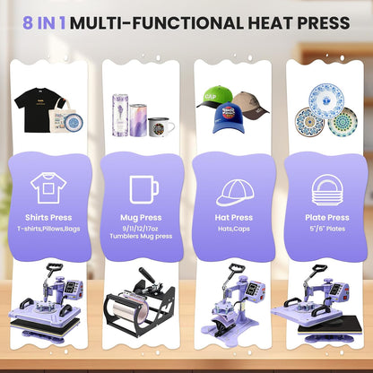 AKEYDIY Heat Press 15X12 Inch, 8 in 1 Heat Press Machine for T-Shirts Hat Cap Mug Plate, 360° Swing Away Shirt Pressing Machine, Sublimation Heat Transfer Machine with Tumbler Press Hat Press, Purple