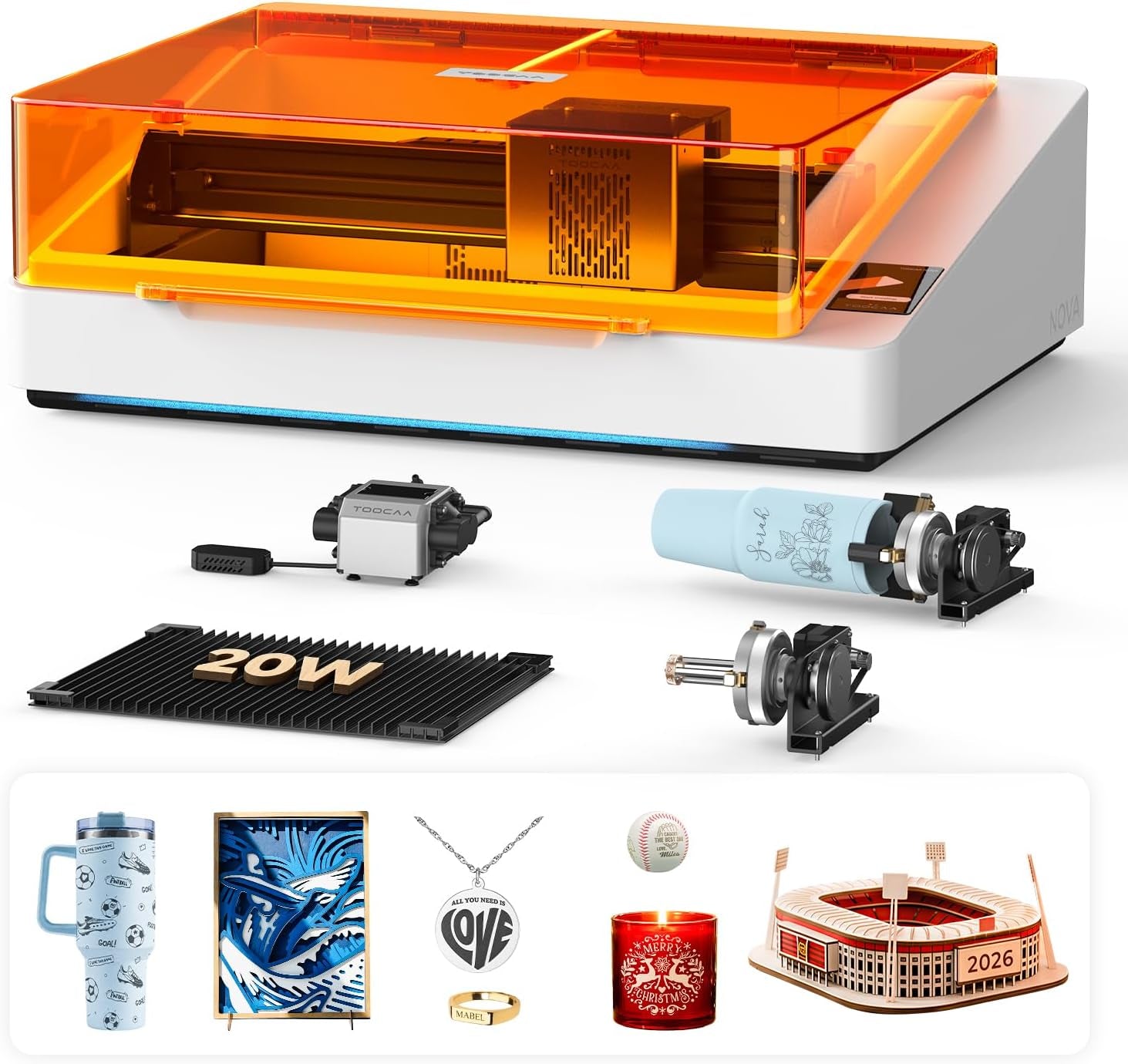TOOCAA NOVA 20W Smart AI Laser Engraver & Cutter, Fully Enclosed Class 1 Safety, 5MP AI Positioning Camera & Auto Focus, 360° Rotary & Air Assist, Dual-Channel Exhaust for Cleaner Cuts & Less Smoke