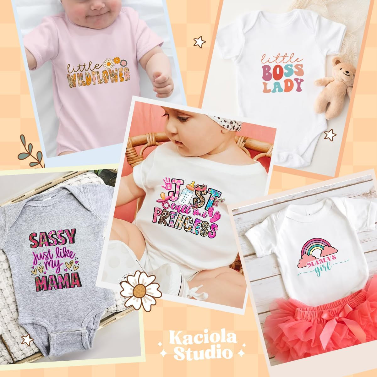 Kaciola 30 Sheets Baby Shower Games Iron on Transfers, Baby Girl DTF Transfers Ready to Press Bodysuit Making Stickers Iron on Decals for T Shirts Hoodie DIY Crafts (Girl)