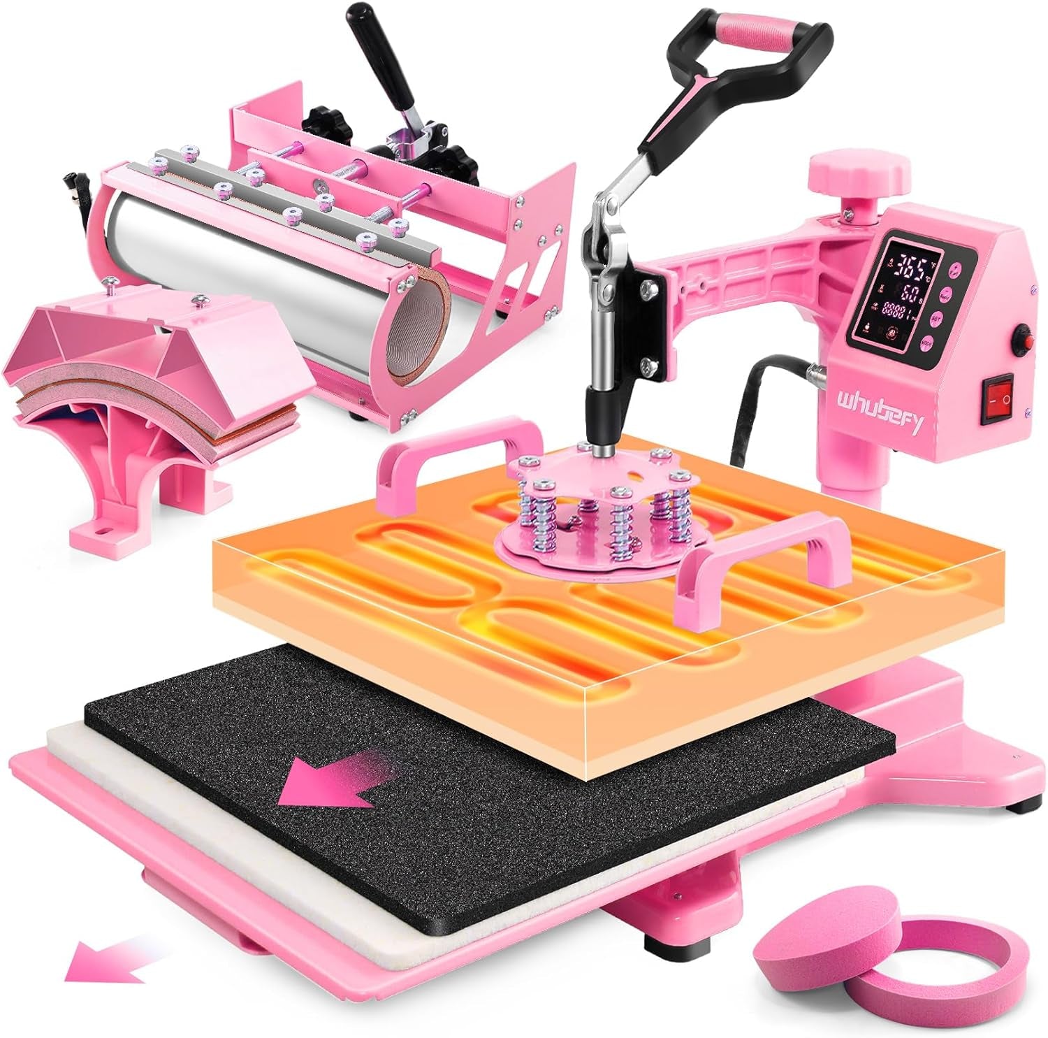 Whubefy Heat Press Machine for T Shirts 15X15 with 30OZ Tumbler Press 5 in 1 Slide Out & Swing Away Digital Heat Transfer with 3 Pre-Set Modes & Counting Function for Bulk Press Hat Cap Mug Plate Pink
