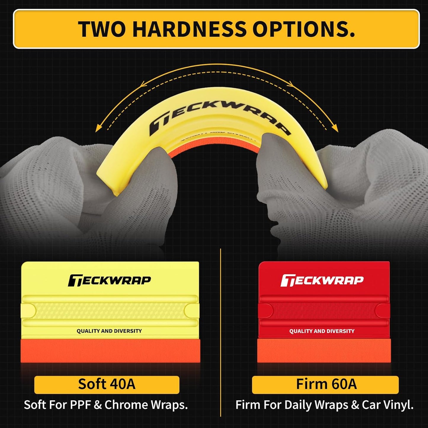 Felt Squeegee for Vinyl Wrap, 2 Hardness Options Vinyl Scraper Tool with Anti-Slip Twin Ribs & Dual-Corner Design for PPF, Tint & Decals (Yellow 40A / Red 60A)