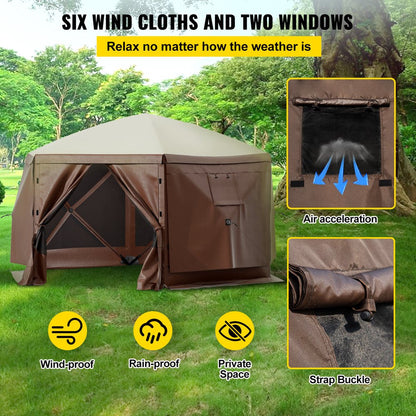 brand Camping Gazebo Tent, 12'X12', 6 Sided Pop-Up Canopy Screen Tent for 8 Person Camping, Waterproof Screen Shelter W/Portable Storage Bag, Ground Stakes, Mesh Windows, Brown & Beige