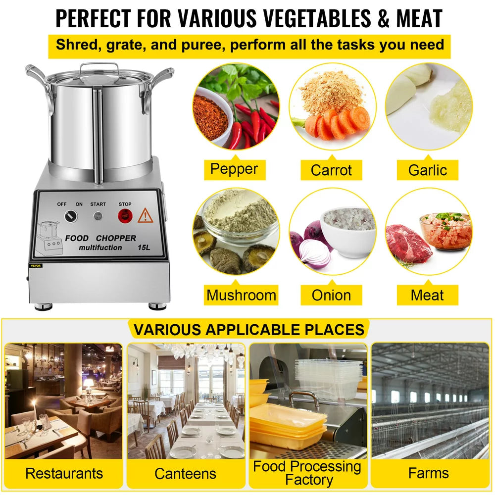 110V Commercial Food Processor 15L Stainless Steel Grain Grinder 1400W Electric Food Grinder Cutter Mixer Perfect for Meat or Vegetable Stuffing, Fruit or Peanut Jam, Grain Powder