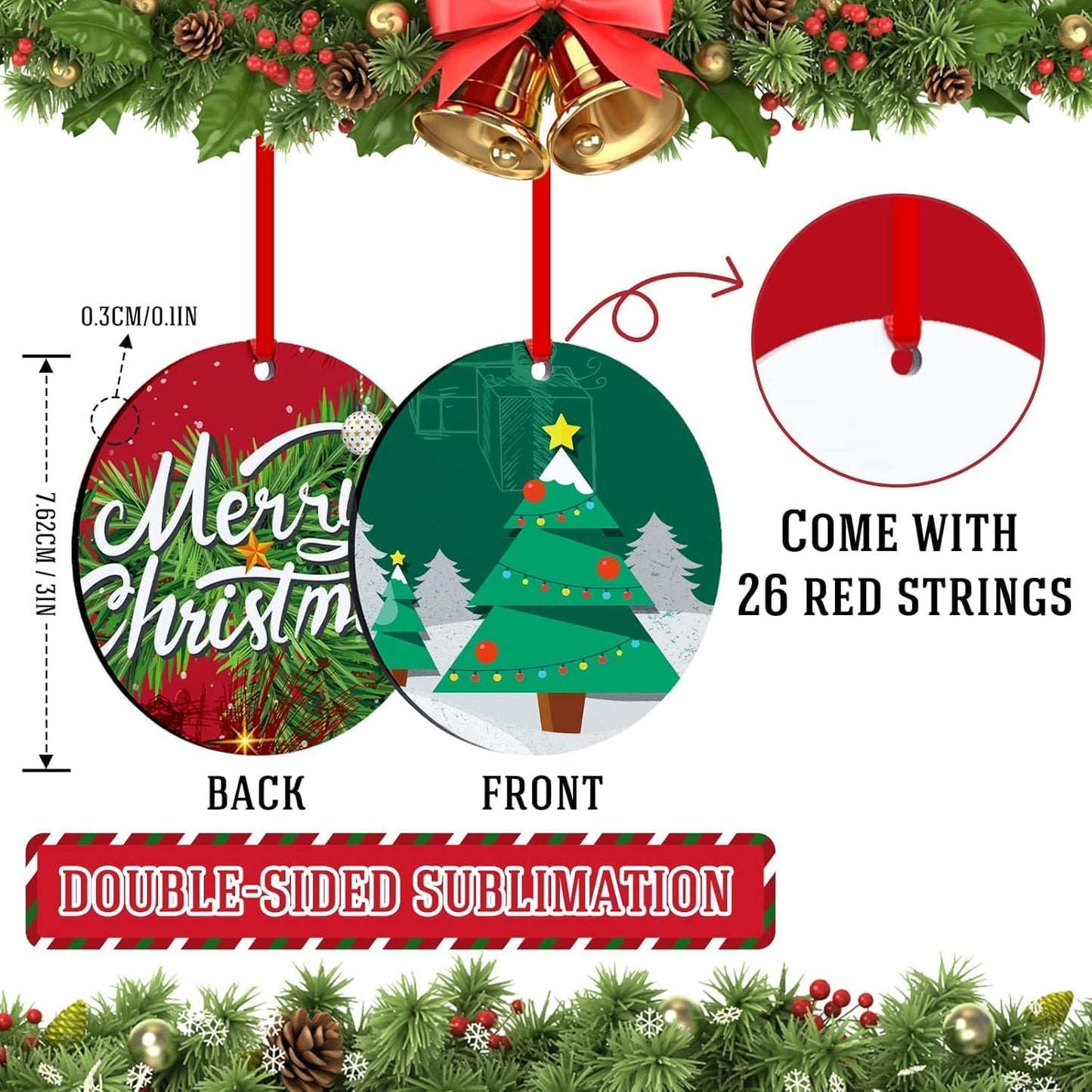 Sublimation Ornament Blanks 26 PCS- 3 Inch Sublimation Christmas Ornament Blanks Double Side with Red String - Personalized MDF Decoration Supplies for Halloween Christmas