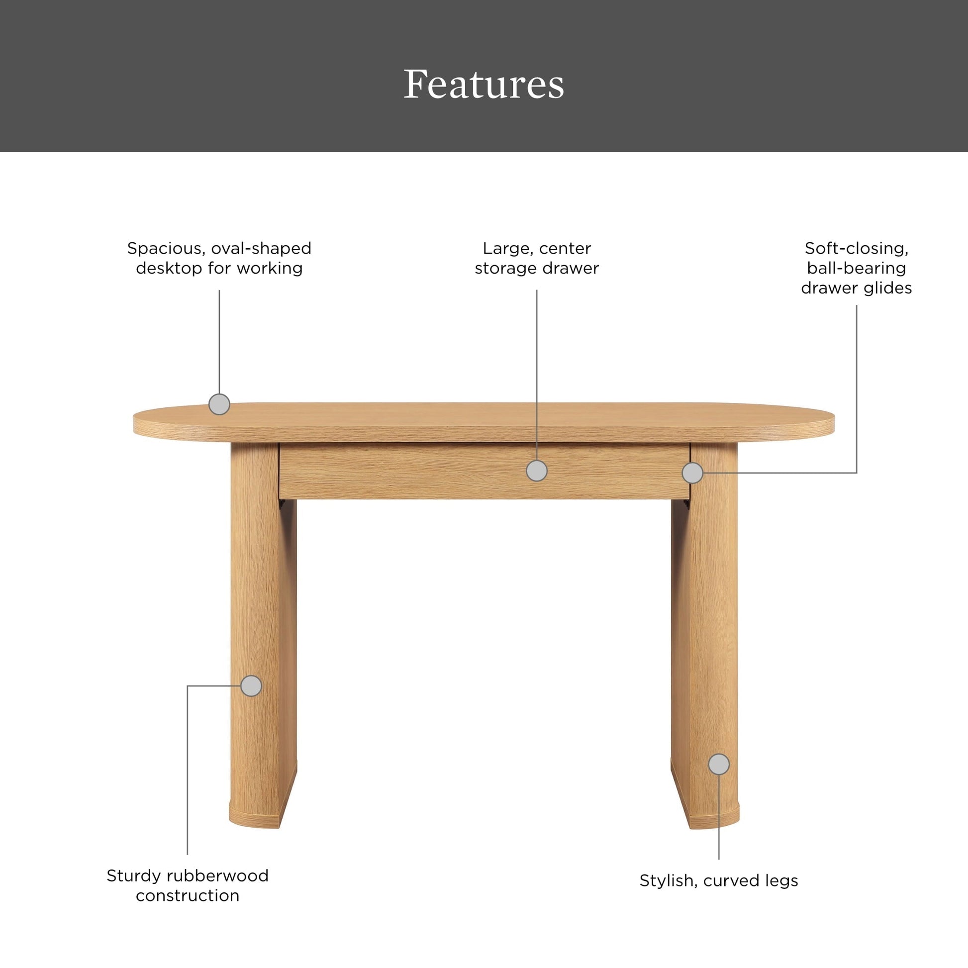 Juliet Oval Writing Desk, Light Honey Finish