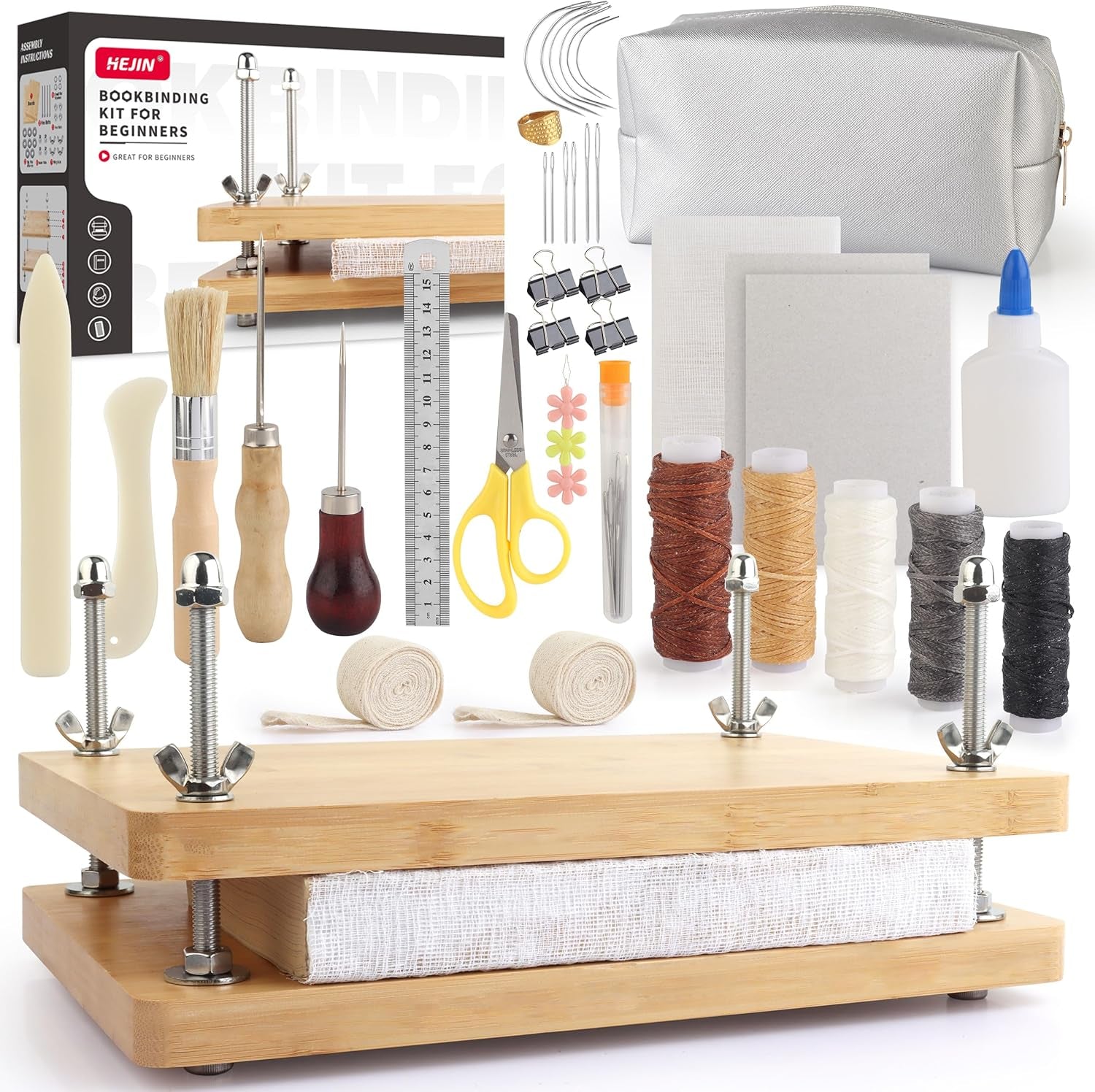 HEJIN Book Binding Kits, Book Binding Materials with Book Press | Book Binding Set with Plastic Bone Folder, Waxed Thread, Bookbinding Supplies for Beginners, 11.6 X 7.8 Inches