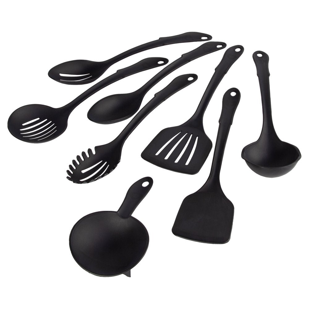 8-Piece Nylon Kitchen Utensil Set with Connector Ring, Black Plastic