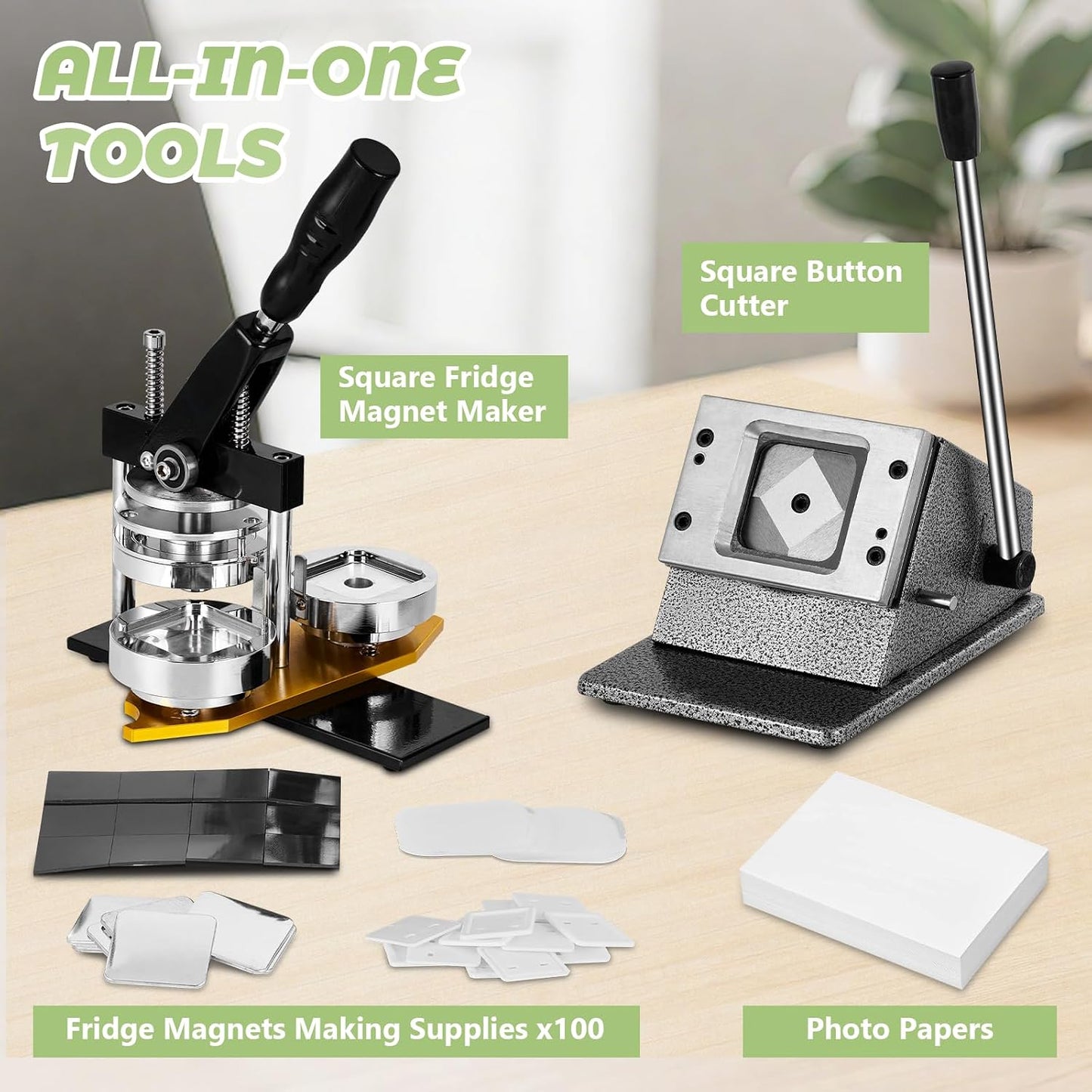2X2In Square Fridge Magnet Maker Machine Kit Photo Magnets Making Kit DIY Square Magnet Button Press +Paper Cutter＋ 100 Sets Refills ＋Photo Papers